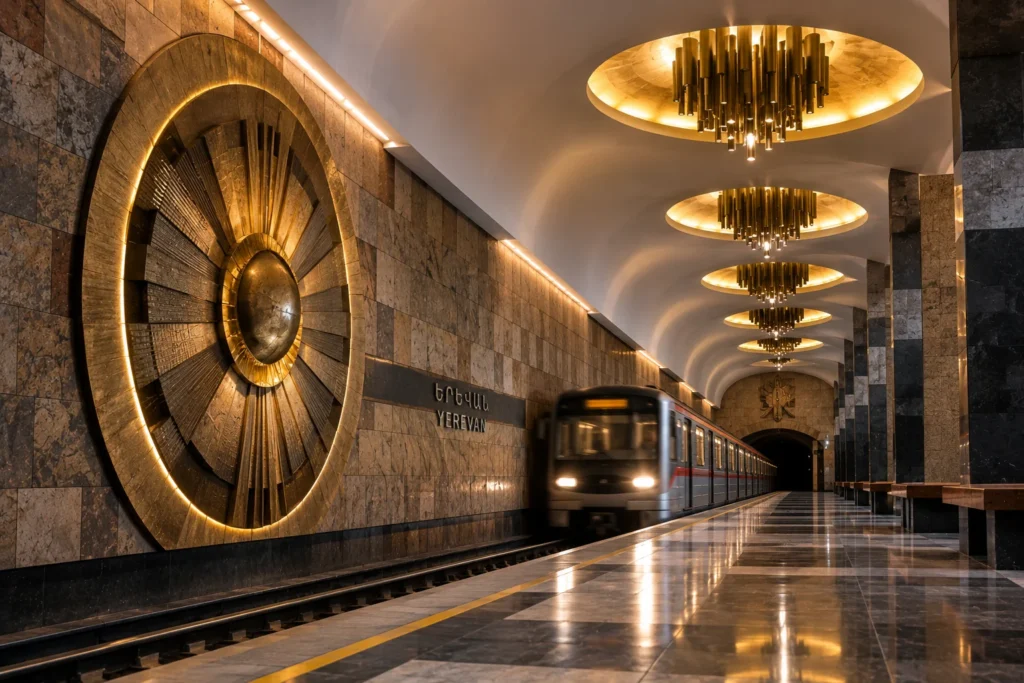 Yerevan Metro platform with train and Soviet modernist architecture