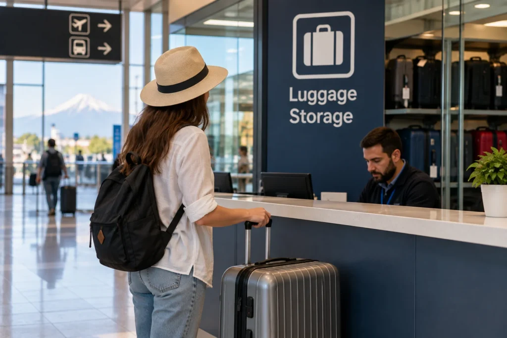 Traveler with suitcase using luggage storage during a stay in Yerevan