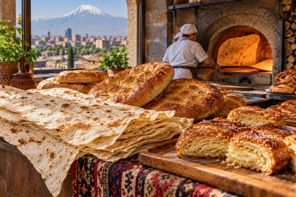 Fresh lavash and matnakash inside a traditional Yerevan bakery